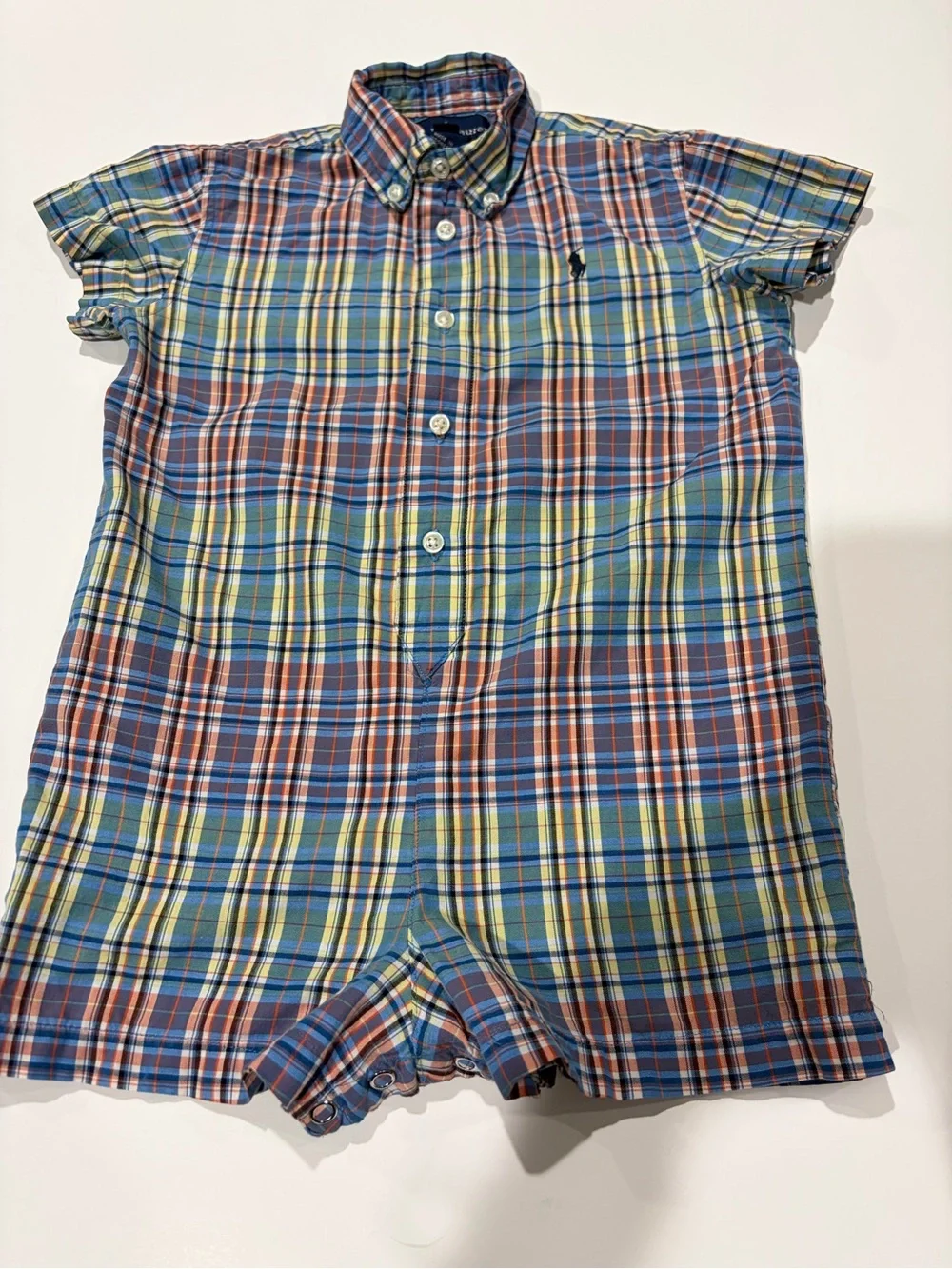 Ralph Lauren Plaid Button-Down Kids Romper in Blue, Green & Brown